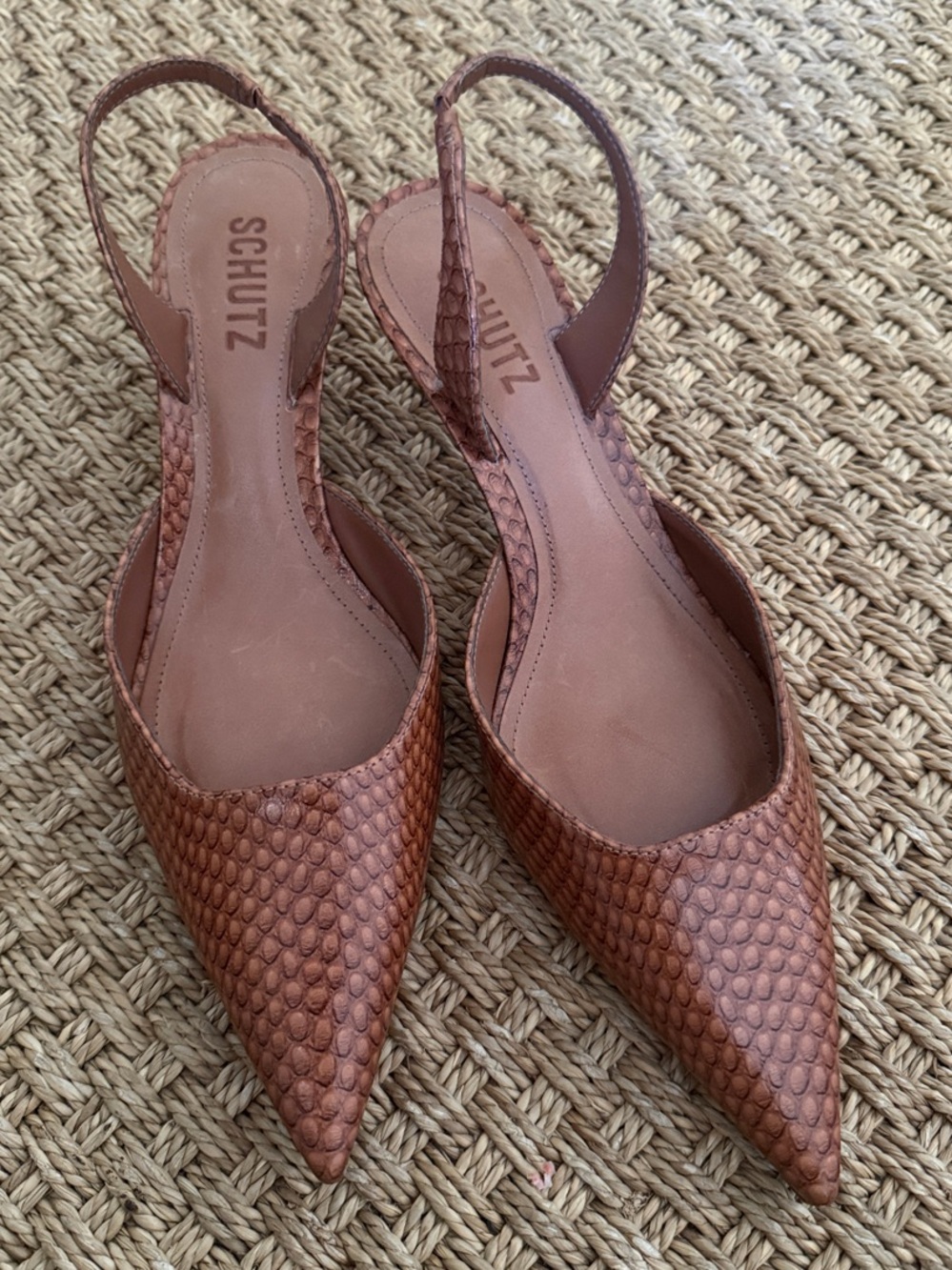 SCHUTZ Paola Mid Lizard Embossed Pointed Slingback Mules Size 7.5